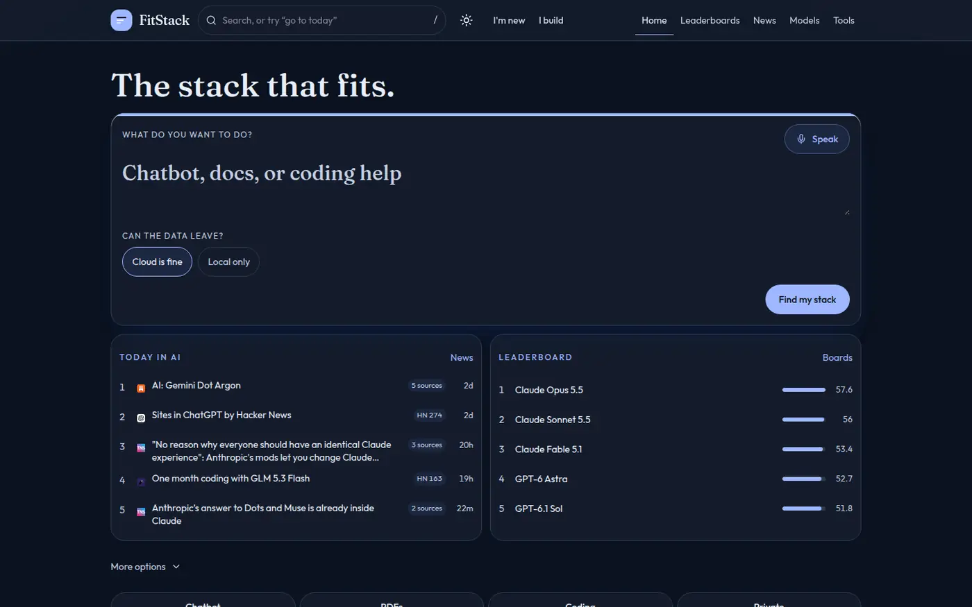 FitStack in dark mode. Describe the job, pick a device, and see a short stack.