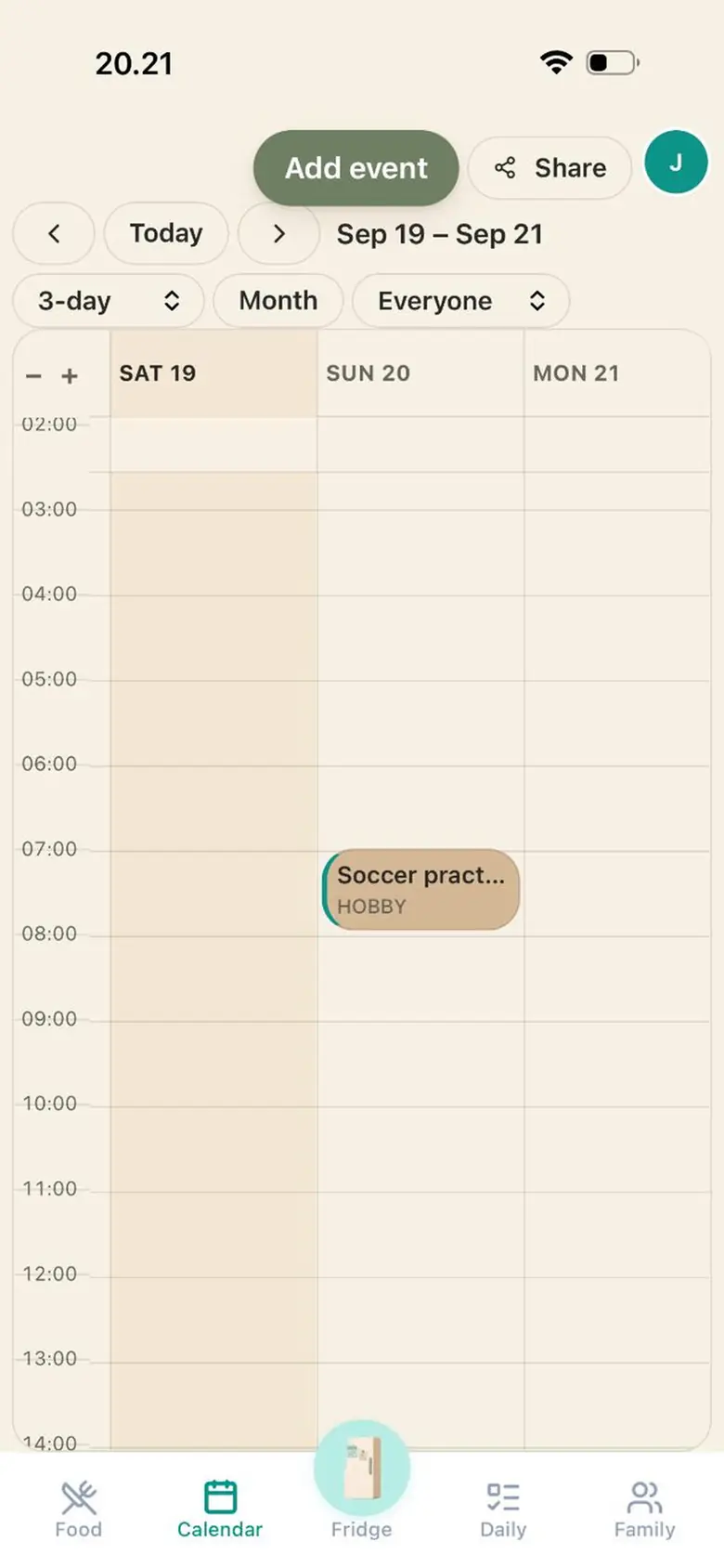 Frintake on iPhone. The family week on the kitchen door: calendar, meals, and a note. The app’s own interface is warm and light.