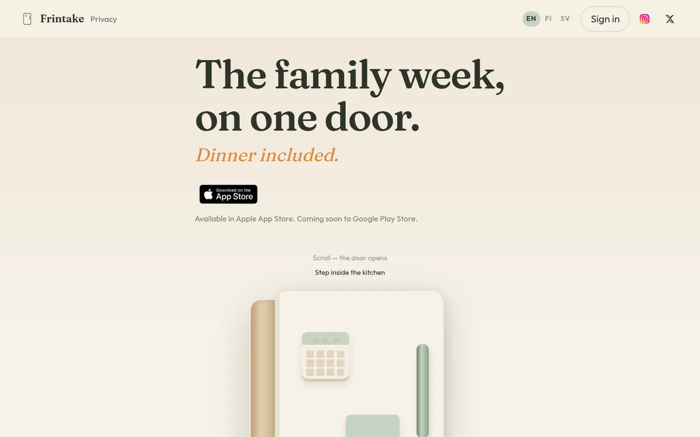 Frintake website. Headline: The family week, on one door. Dinner included.