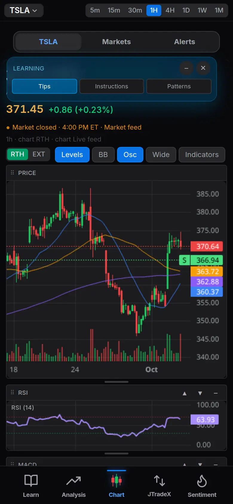 JTradeX on a phone in dark mode. The same chart, with Markets, Alerts, and Trade along the bottom.
